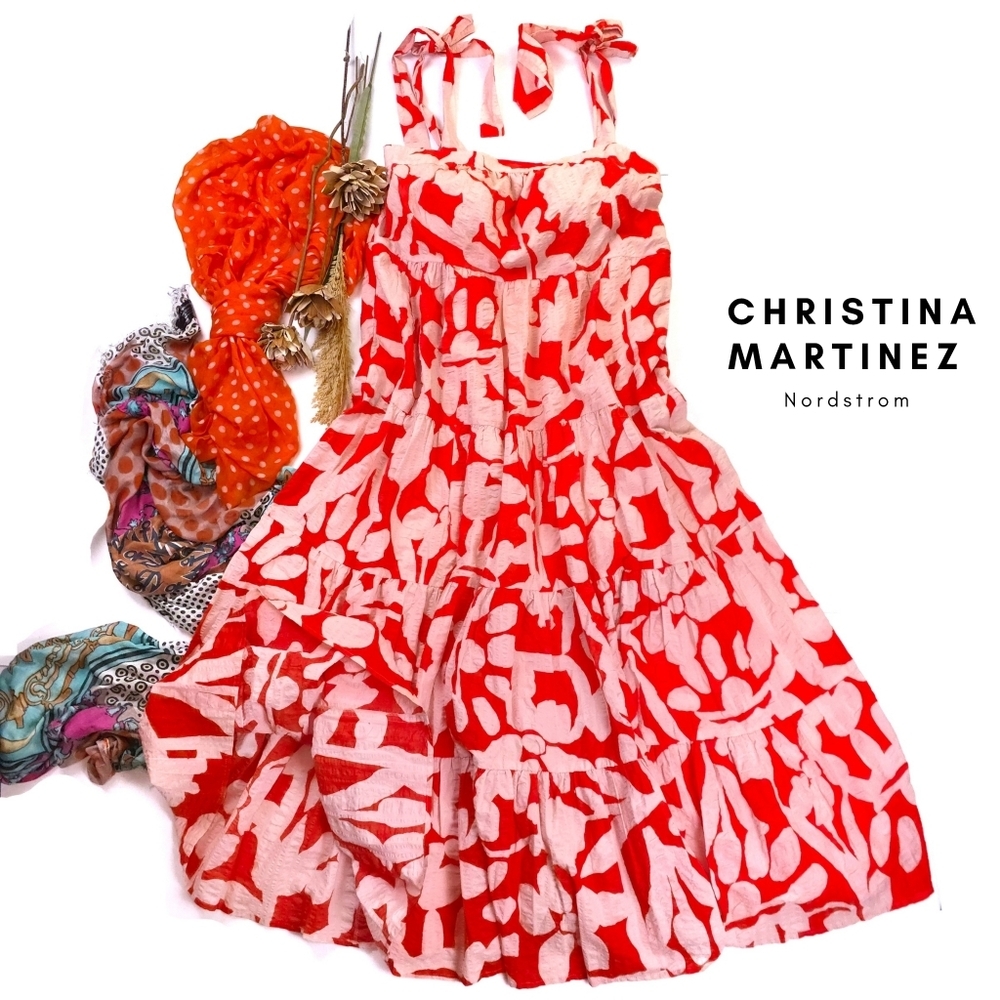 Nordstrom Christina Martinez Red & White Tie-Shoulder Sundress Sz M